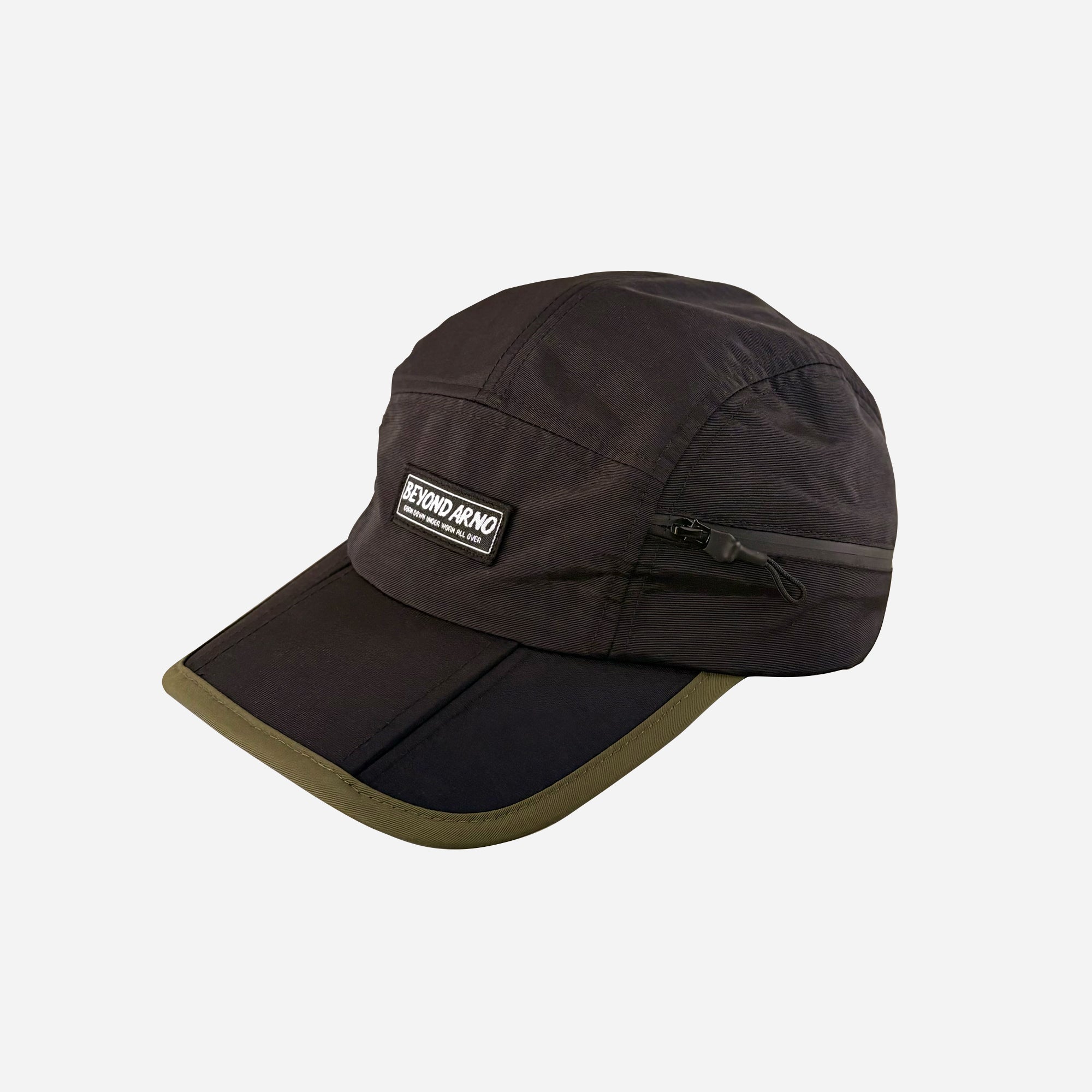 Beyond Arno foldable trail cap with zipped pocket in pine, side view