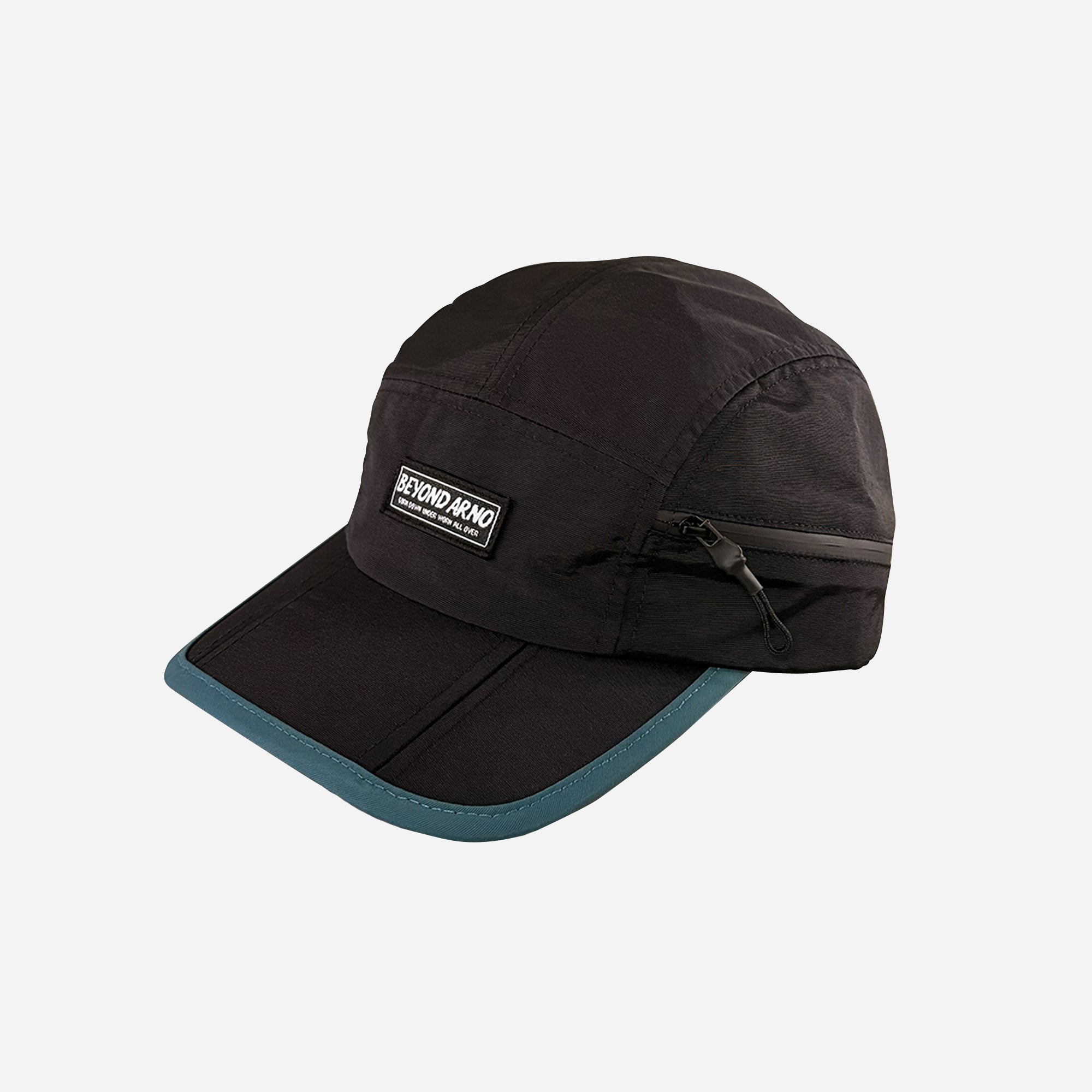 Beyond Arno foldable trail cap with zipped pocket in teal, side view